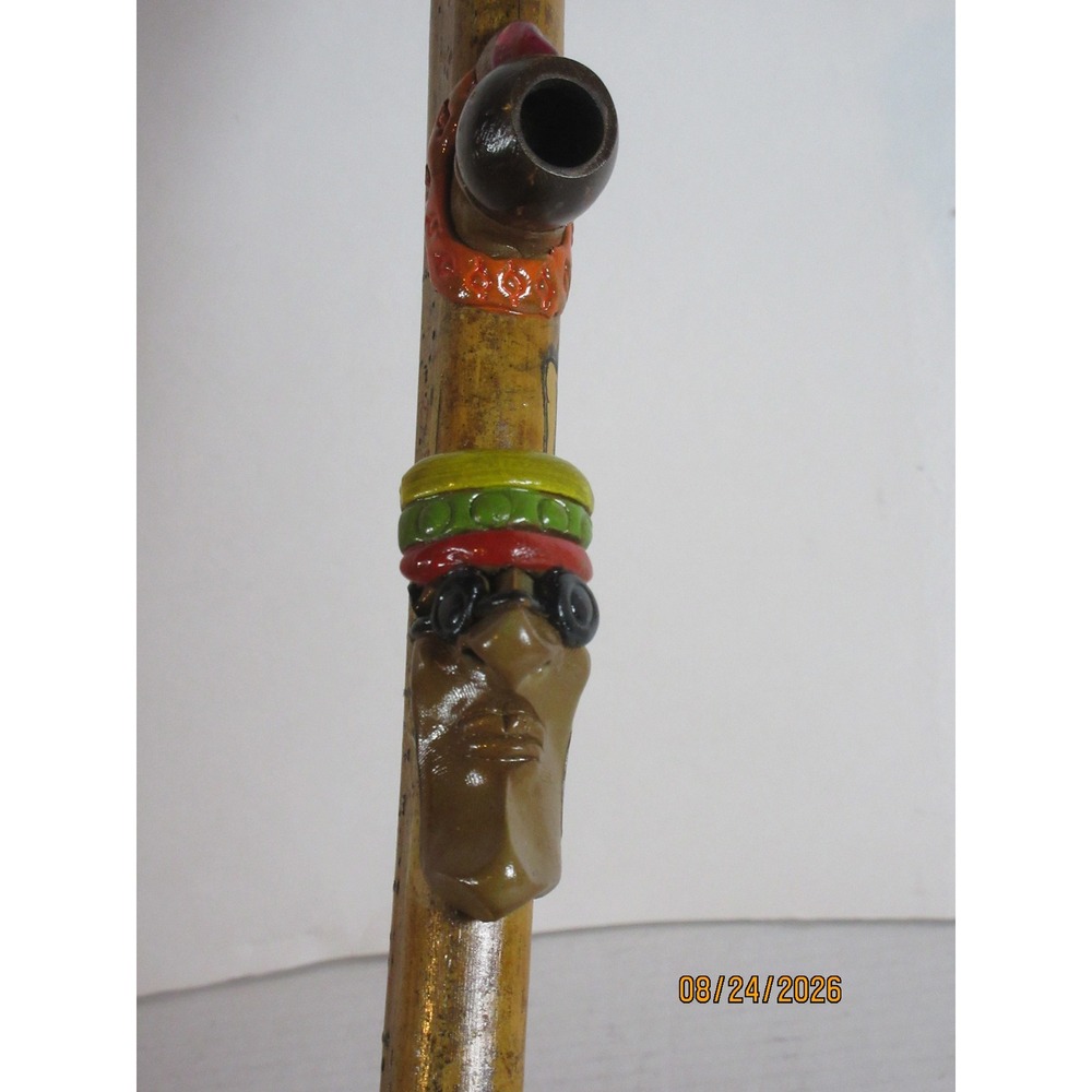 Vintage Hand Carved Bamboo Rasta Pipe Long Stem Folk Art Smoking Accessory